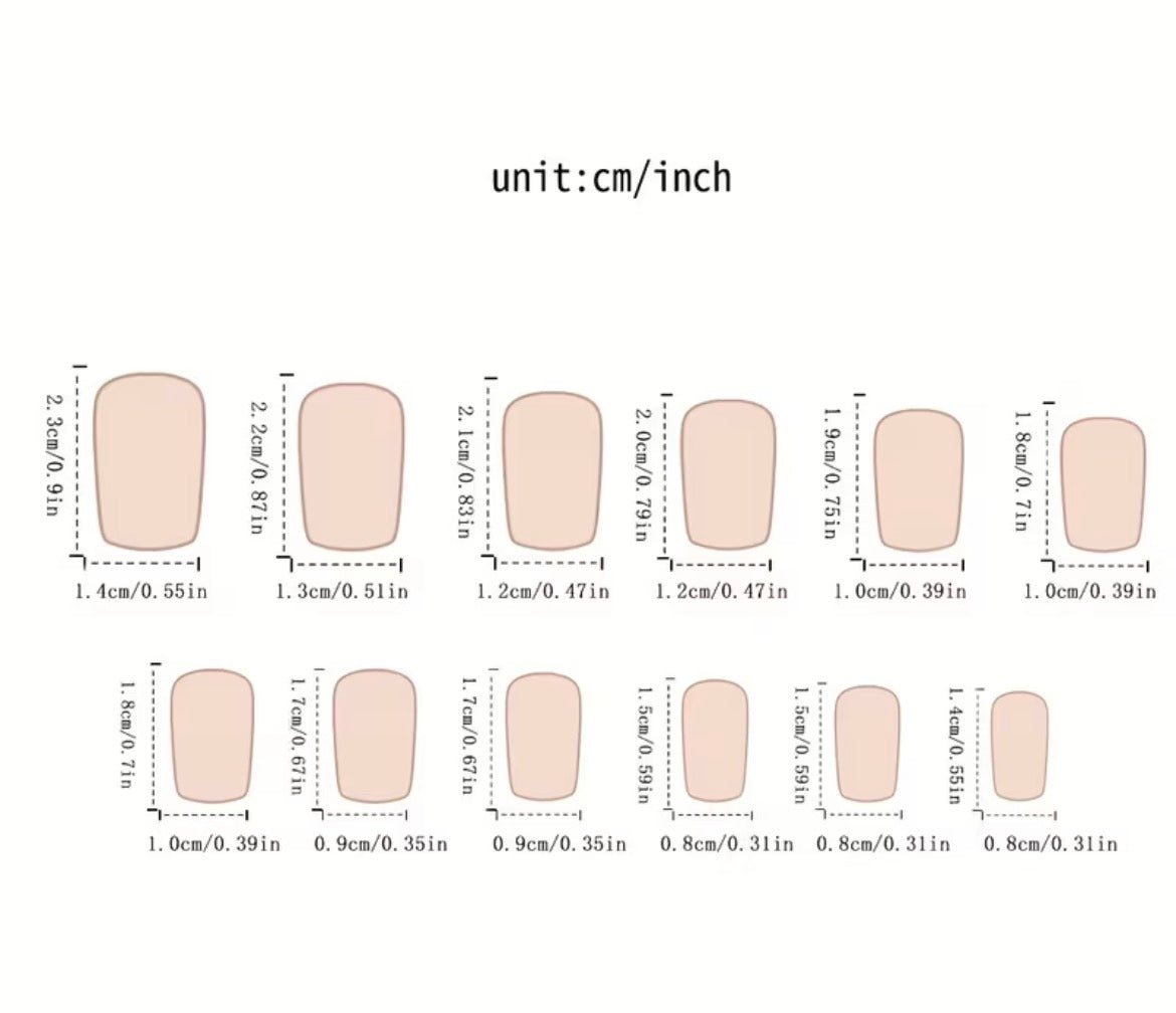 Measurement chart of nail shapes with dimensions in centimeters and inches.