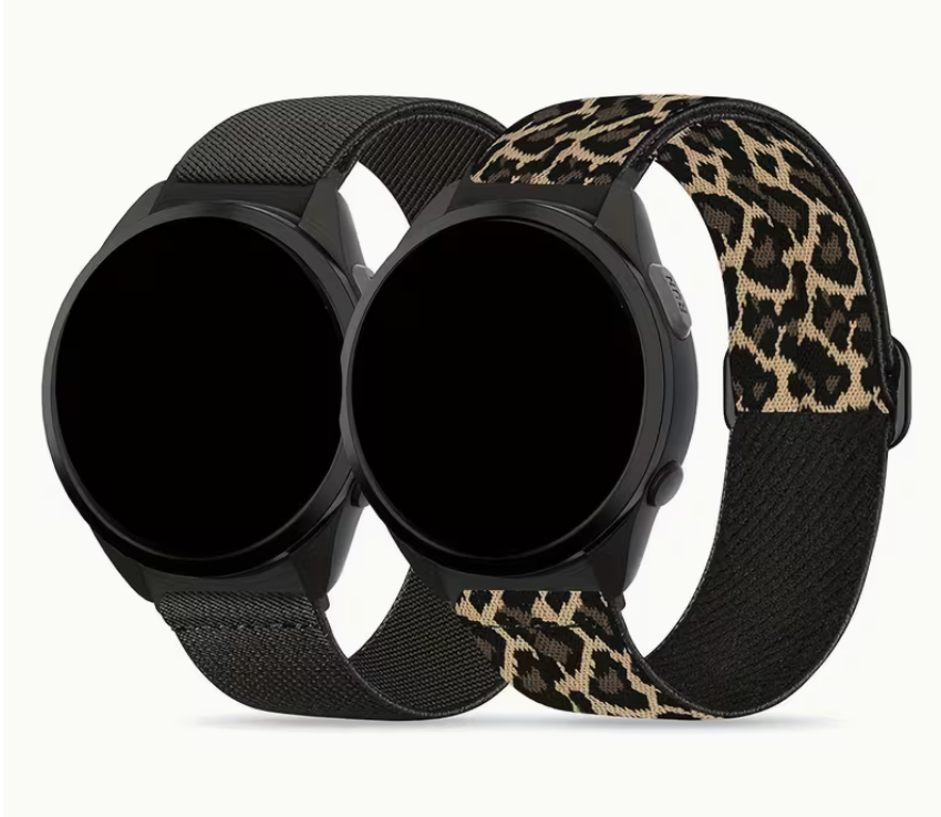 Two smartwatches with different band designs on a white background