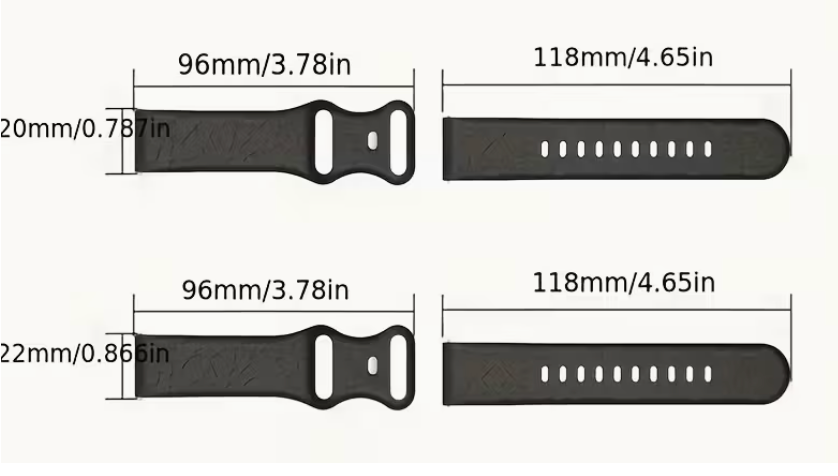 Black watch straps with measurements on a white background