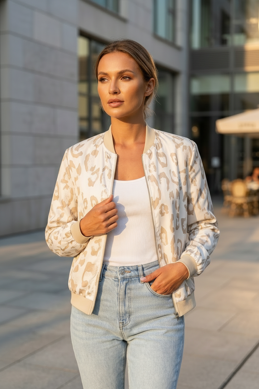 Woman wearing a patterned bomber jacket and light blue jeans on a city street.