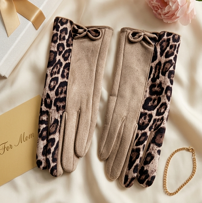 Pair of gloves with leopard print cuffs on a soft surface with a gift box and flower in the background.